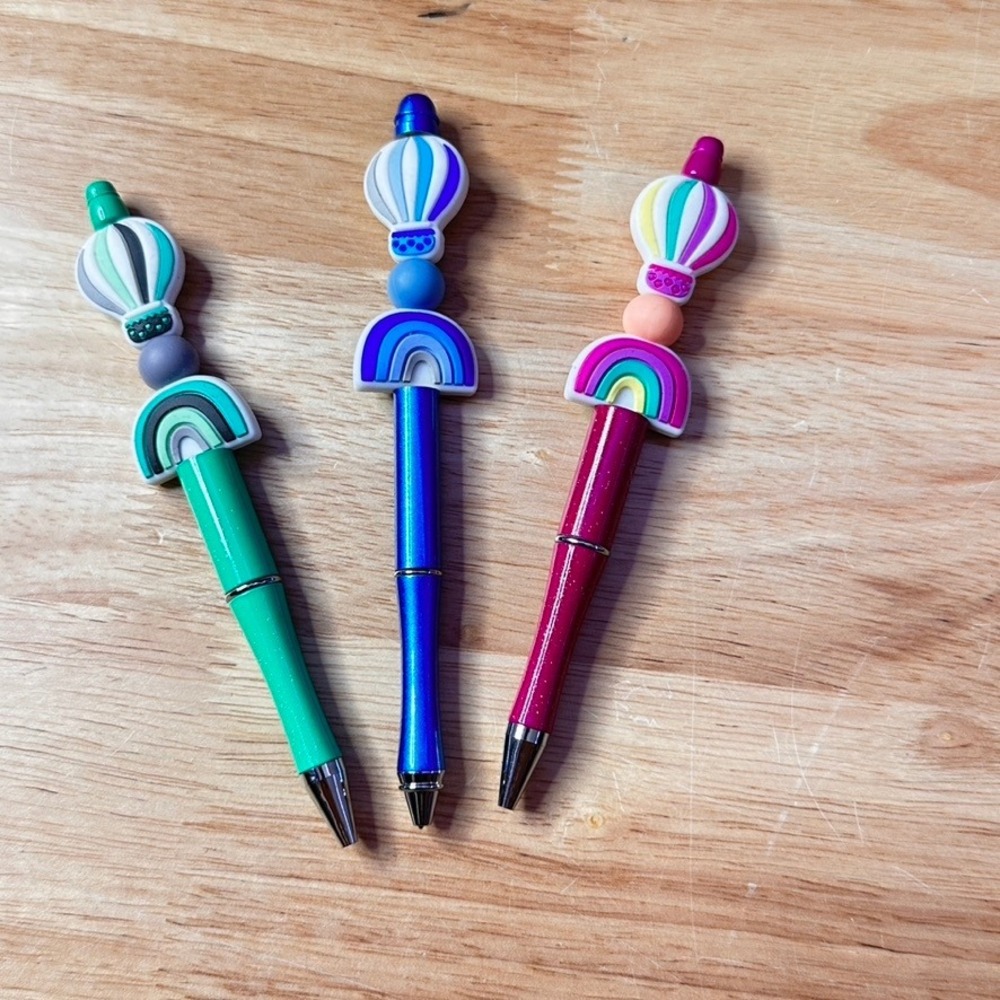 Set of 3 Hot Air Balloon Rainbow Silicone Beaded Pens Metallic Glitter Ballpoint